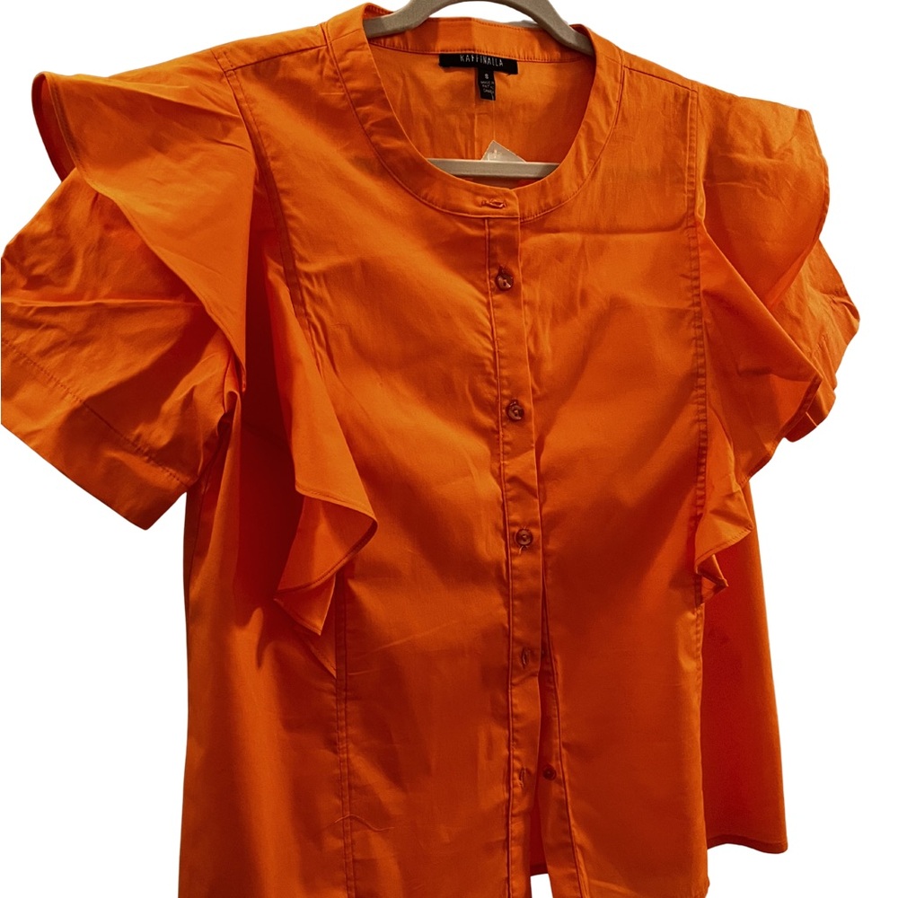 Raffinalla Orange Ruffle Sleeve Blouse Size 8 Bright Cotton Top
